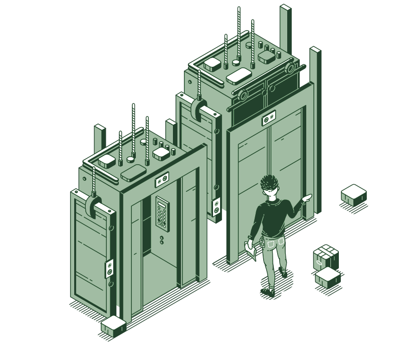 Grafik zeigt einen Aufzug in technischer Zeichnung und einen Mann, der vor dem Aufzug steht.
